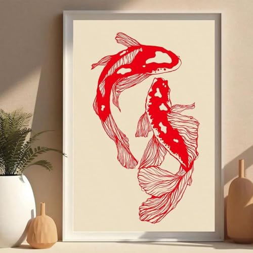 Peinture minimaliste poisson rouge Koi pour habiller un mur vide avec une toile vintage
