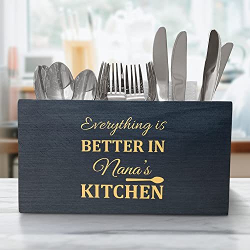Krezy Case Classy Wooden Kitchen Utensil Organizer, Engraved Nana's Kitchen Quote Utensil Organizer, Utensil Caddy with 3 Compartments, Countertop Caddy Box
