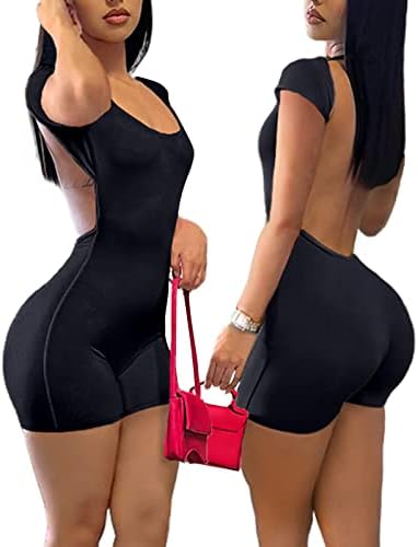 Black Backless Bodycon Rompers Jumpsuit for Women Sexy Summer Outfits Short Sleeve Scoop Neck Stretchy One Piece Outfits Short Jumpsuit Bodysuit XS