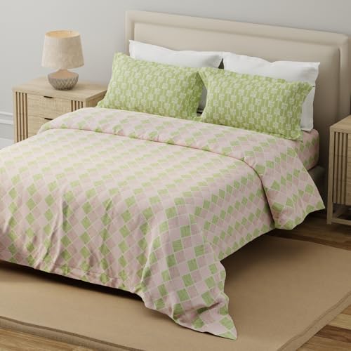 Image of Layers 100% Cotton for Double Size Bed | 120 TC Geometric, Soft, Breathable, Machine Washable Bedsheet with 2 Pillow Covers | Forever Collection (224 x 254 cm) - Pink & Green