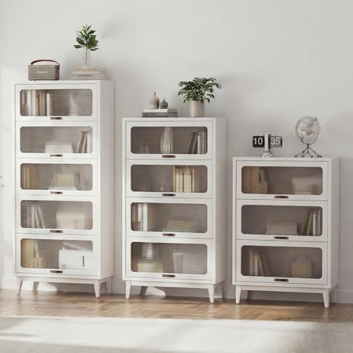 Image of AnywaysWood 60 inch H Solid Wood Bookcase 5 tire with Tempered Glass Doors,Wooden Pantry Cabinet for Kitchen, Book case Shelves for Collectibles, Living Room Bedroom Home Office(White, 60'H*31.5'W*15'D)