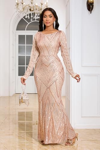 Image of VERWIN Women's Sequins Bodycon Round Neck Long Sleeve Sparkly Mermaid Maxi Dress for Casual Party Cocktail