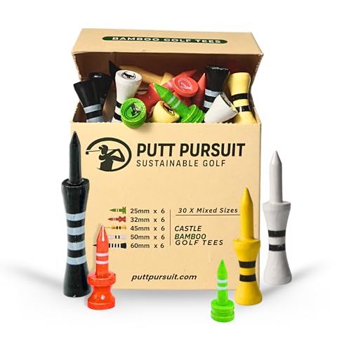 Putt Pursuit Bamboo Castle Tees de Golf (Paquete de 30) Biodegradables y sostenibles Altura de Bola Constante y fricción Reducida Verde, Amarillo, Morado, Azul y Negro con tamaños 25, 35, 45, 50 y 60