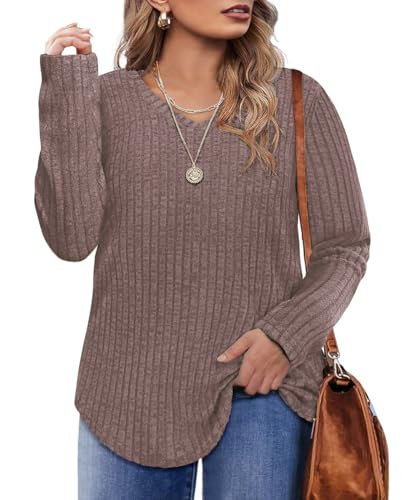 Image of RITERA Plus Size Tops for Women Long Sleeve V /Cowl Neck Lightweight Sweatshirts Pullover Tunics Sweaters Fall Winter XL-5XL
