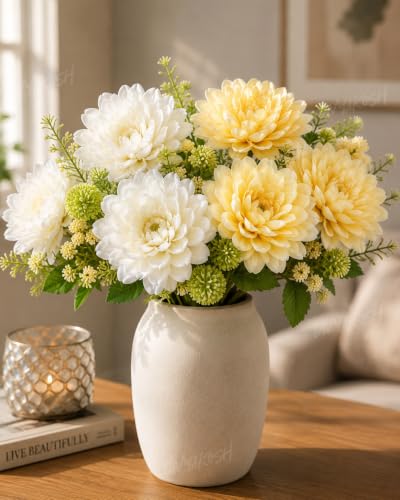 Image of Divyakosh Artificial Flower Bunch Set of 2 (Vase Not Included) | White + Peach | 8 Large Flowers, 8 Filler Stems | 35 cm Decorative Artificial Flowers for Home, Living Room & Table Decor