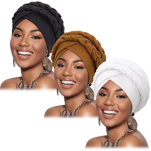 Image of DRESHOW Turban Pre-Tied Twisted Hat Thread African Head Wraps for Black Women Chemo Cancer Cap Braid Hair Cover