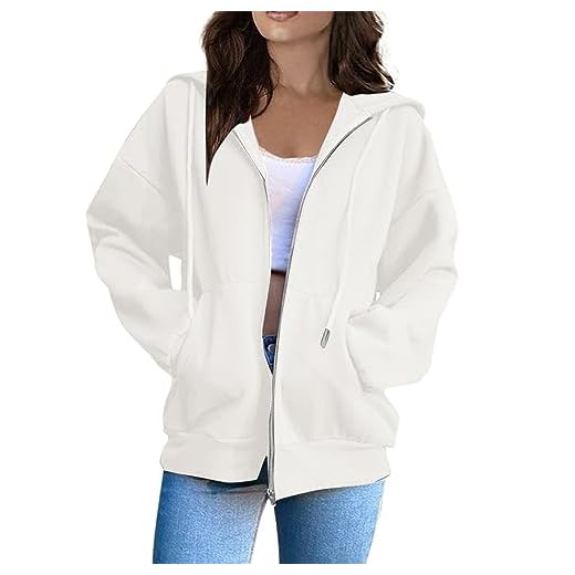 Sweat à Capuche pour Femme - Couleur Unie - Sweat a Capuche Femme Zippé Sweat-Shirt à Manches Longues Décontracté Chaude Chic et Elegant Veste Pas Cher Idee Cadeau Femme,Blanc,L,f86a
