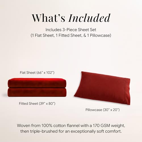 Image of Tribeca Living Triple Brushed Soft Cotton Flannel Sheets Set, Twin XL Size 170-GSM Weight Extra Deep Pocket Sheet in Solid Deep Red Color