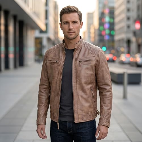 Image of Leather Jacket Men - Real Lambskin Motorcycle Jacket with Snap Tab Collar, Adjustable Waist & Zippered Pockets