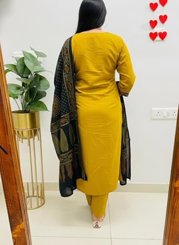 Image of ANNI Designer Navy Blue Pure Cotton A-Line Kurta Pant Dupatta Set for Women | Embroidery 3 Piece Suit with Straight Pants & Matching Dupatta | Festive Office Ethnic Wear