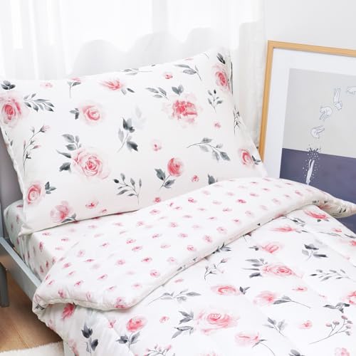 Image of david's kids 4 Piece Toddler Bedding Set - Soft Breathable Toddler Bedding Set for Girls, Includes Quilted Comforter, Flat Sheet, Fitted Sheet and Pillowcase, Pink Floral