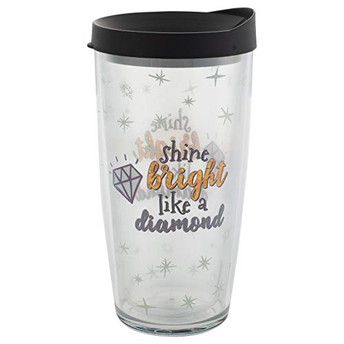 Signature Tumblers Shine Bright Like a Diamond Wrap on Clear 16 Ounce Double-Walled Travel Tumbler Mug with Black Easy Sip Lid