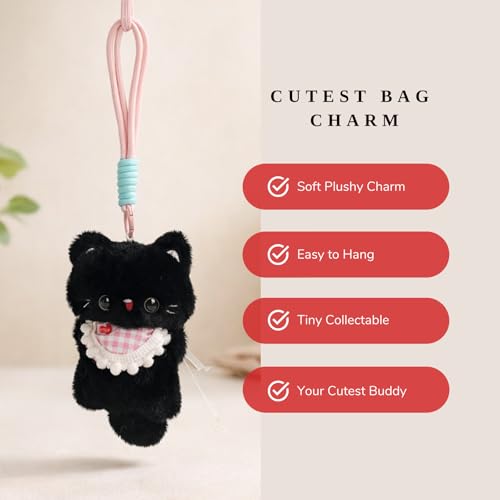 Image of Cute Black Cat Plush Keychain with Pink Gingham Bib & Red Nose | Soft Mini Kitty Bag Charm with Hanging Loop Strap | Kawaii Keyring Gift for Girls, Kids & Cat Lovers