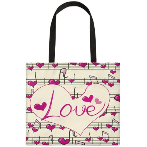 Love Musical Notes Square Canvas Tote Bag Top Handle Purses Stylish Women Canvas Shoulder Tote Bags Reusable Handbags for Work Travel Picnic Beach Shopping Gym Hiking