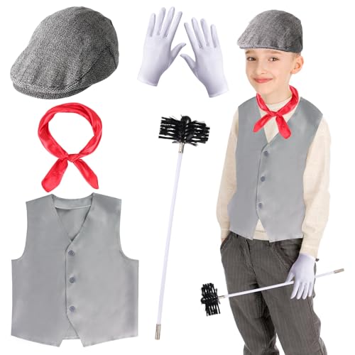 Yewong 5 Pieces Kids Chimney Sweep Costume Set Vintage Beret Hat Costume Vest Gloves Scarf and Brush Accessory for Halloween World Book Day Cosplay