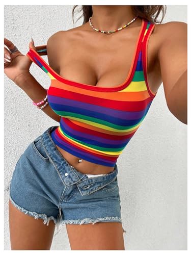 SweatyRocks Women's Rainbow Striped Print Square Neck Tank Top Summer Casual Sleeveless Fitted Tops4