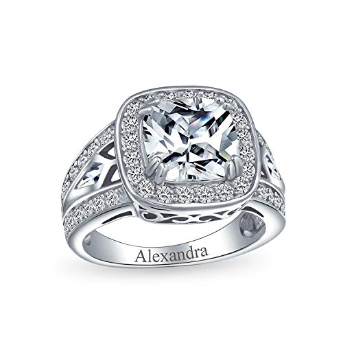 Personalize Vintage Antique Art Deco Style 2CT AAA CZ Pave Halo Square Cushion Cut Solitaire Engagement Ring For Women .925 Sterling Silver Split Baguette Side Stone Milgrain Edge Band Customizable4