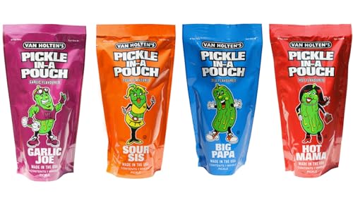 Van Holtens Pickle in a Pouch 4 Variety Pack | Hot Mama Sour Sys Garlic Joe Big papa Morty Rick| American Pickles (4 Mama-Papa_Joe-Sys)