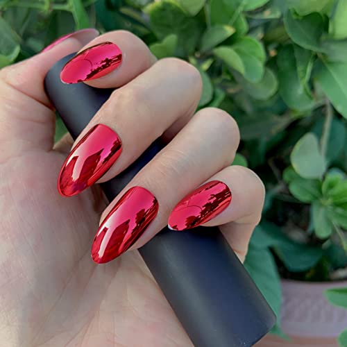 Ikiskt Almond Press On Nails Metal Red Medium False Nails Bright Red Metallic Pre-Designed Full Cover Mirror Reflative Fake Nail Set Stick On Tips Manicure For Party Dating Ladies Girls #TOP5