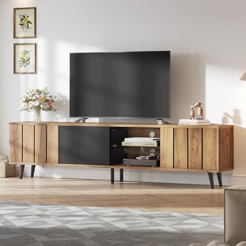 BTM Meuble TV Lowboard 180, Portes et Compartiments Ouverts, pour Télé 75 Pouces, 175x32x45cm, Bois & Noir