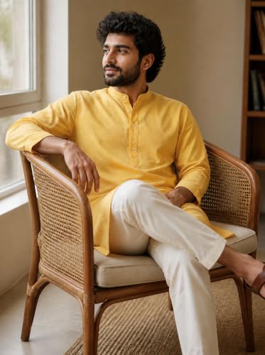 Image of SAADAA Men's Long Kurta - Linen Cotton Blend, Airy Fabric, Regular Fit, Mandarin Collar, Solid Color - Casual, Festive & Ethnic Wear