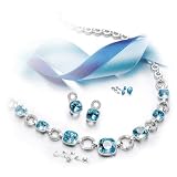 Conjunto PLATINUM BLUE: 2 joyas para mujer bañadas Platino de Ley con 9 cristales de Swarovski color aguamarina y 104 cristales de Swarovski® transparentes. Gargantilla + Pendientes. Ideal para REGALO