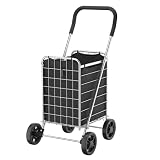 Whitmor Foldable Utility Shopping Cart with Wheels, 60Lb Capacity, Heavy Duty Grocery Cart with Steel Frame, Foam Handle, Rolling Utility Cart for Grocery, Laundry, Travel, Sliver/w Liner