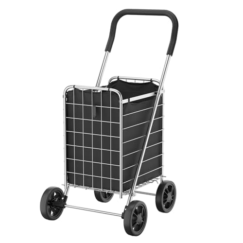 Whitmor Foldable Utility Shopping Cart with Wheels, 60Lb Capacity, Heavy Duty Grocery Cart with Steel Frame, Foam Handle, Rolling Utility Cart for Grocery, Laundry, Travel, Sliver/w Liner by Whitmor - Used condition - US$43.07