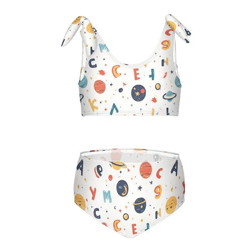 JUNZAN Cartoon Outer Planets Alphabet White Girls Bikinis Cute Elastic 2 Piece Swimwear Toddler Girls Swimming Tankini 3T