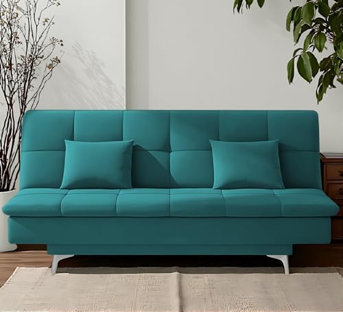 Adorn India Premium New Aspen 3 Seater Sofa Cum Bed 4X6 Velvet Suede with 2 Cushions (Color Aqua Blue) and Suitable for All Indoor, with 3 Years Warranty