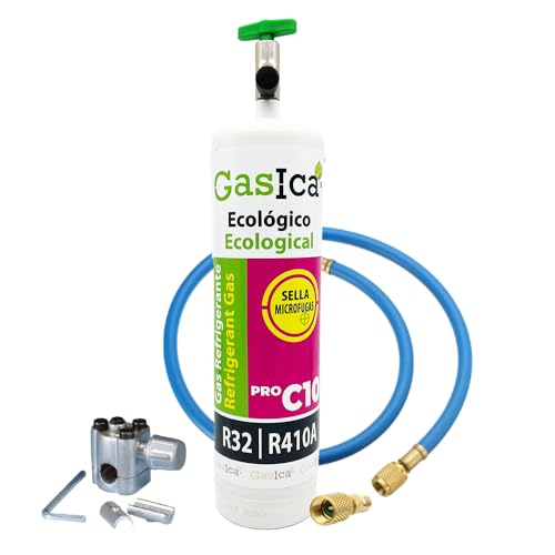 ALL4SALE KIT DE RECARGA GASICA C10 GAS ECOLOGICO REFRIGERANTE COMPATIBLE CON R32 R410A 800gr CON VALVULA DE SERVICIO + MANGUERA DE CARGA + OBUS DE CARGA RAPIDO NETO 400GR