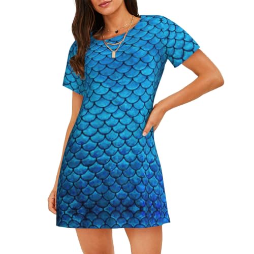 Uusnwaa Camisón de manga corta para mujer, suave, holgado, con estampado de escamas de peces azules, Negro, 3XL