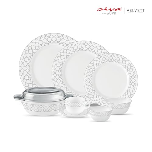 Image of La Opala Diva Velvett Collection Opal Glass Crockery | for Family of 8 | Dinner Set 62 pcs Pearl Grey | Plates & Bowls for Dining | Microwave Safe | 100% Vegetarian | Extra Strong | Light & White
