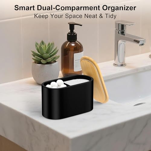 Image of Cotton Swab Holder,Round Cotton Pads Balls Qtip Holder Dispenser with Lid, 2 Compartments Qtips Holder, Tampoms Period Box Bathroom Organizers Storage Bin Floss Dispenser Vanity Cosmetics, Black