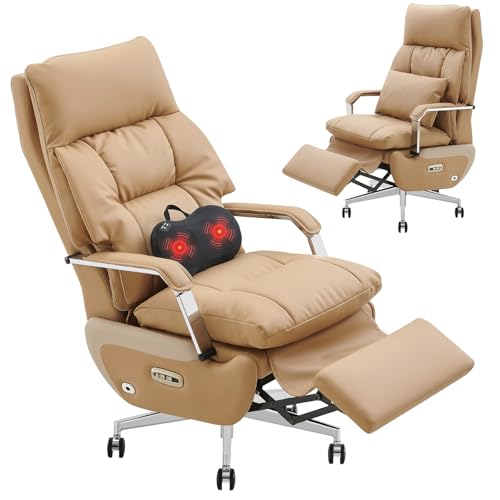 Dual Motor Executive Home Office Chair with Footrest - One-Click Electric Recline with Massage & Pillow Support 430LBS Big and Tall PU Leather Ergonomic Desk Chair, High Back Wide Seat (Brown)