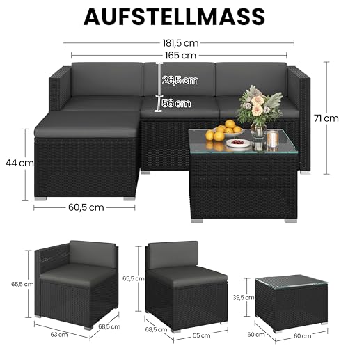 Yaheetech 5er Gartenmöbel Set Balkonmöbel Set aus PE-Rattan Wetterfest Terassenmöbel Außen mit 2 Ecksofa & Sofa & Stuhl & Beistelltisch & Sitzkissen für Garten/Balkon/Terrasse, Schwarz & Grau