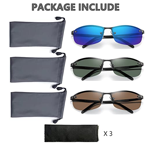 Image of 3 Pack Polarized Sunglasses for Men, Semi-Rimless Frame Driving Fishing Sun glasses UV400 Block Glare /Blue Light