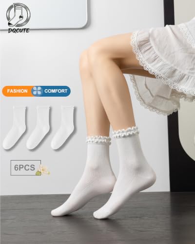 Image of DQCUTE Women's Ruffled Ankle Boot Socks - Soft Knit Cotton Lettuce Trim Crew Socks for Teen Women 6 Pairs