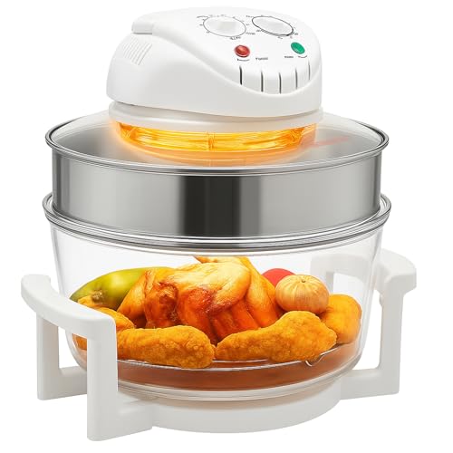17L Glass Air Fryer Non Toxic, 360° Viewable Turbo Oven Airfryer with Expansion Ring & Grills, 1200W Halogen Convection Cooker with Time Temp Control for Home Kitchen Roasting Baking
