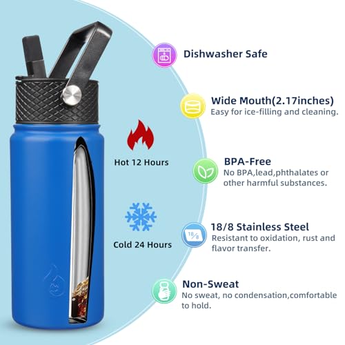 Image of BJPKPK Insulated Water Bottles with Straw Lid, 18oz Stainless Steel Metal Water Bottle, Cold Hot Thermo with 3 Lids, Leak Proof BPA Free Travel Cup, Wide Mouth Flasks, Thermo -Sapphire