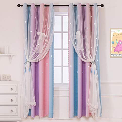 STFLY 2 Panels Star Curtains for Girls Bedroom, Room Darkening Kids Blackout Curtains Double Layer Tulle Overlay Rainbow Lace Curtain Room Decor Drapes (2 Pcs | 52