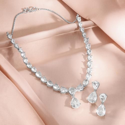 Image of Rubans Necklace Set Rhodium Plated Crystal Studded Jewellery Gift for Women & Girls