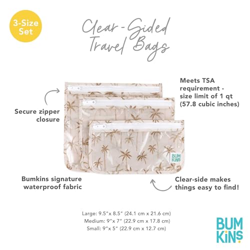 Bumkins Travel Bag, Toiletry, TSA Approved Pouch, Zip Bag, Quart Size Airline Compliant, Clear-Sided, Baby, Diaper Bag Organization, Makeup, Accessories, Packing, Set of 3 Sizes, Palm Trees