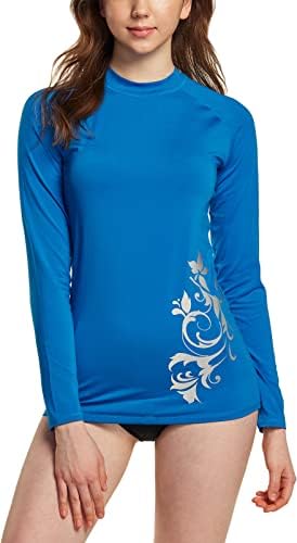 TSLA Women's UPF 50+ Rash Guard Long Sleeve, Water Beach Surf Swim Shirts, UV/Sun Protection Swimwear, Henna Print Rashie Royal Blue, Small
