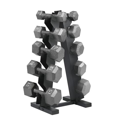 HolaHatha Hexagonal Rubber Dumbbell Weights Set with Rack, Home Gym Equipment, 100 Lbs, Silver...