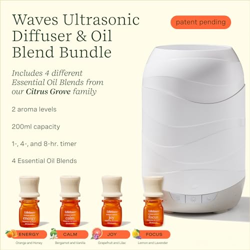 Lifelines 200 ML Waves Ultrasonic Diffuser with Cascading Mist + Citrus Grove 4-Pack - 100% Pure Essential Oils & Sustainably Sources Botanicals - Natural - 7.5 ML Bottles - Image 4