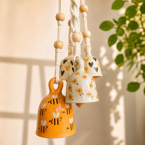 Image of Mundane | Macrame Bell Hanging with Handpainted Ceramic Bells | Wall & Balcony Home Decor (Yellow- Zelora Bells)