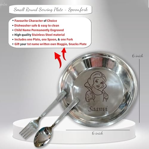 Image of SAVRI Personalized Stainless Steel Round Shape Serving Plate with Name & Favourite Character Engraved | Maggie, Kids, Snacks, Breakfast Plate | for Birthday, Return Gifts.