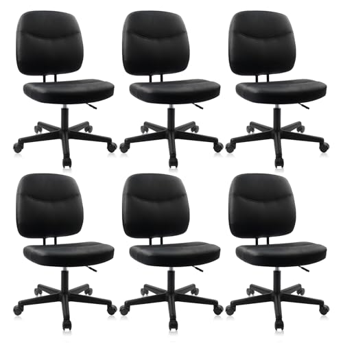 Image of CLATINA Armless Home Office Chair, Small PU Leather Ergonomic Low Back Desk Chair with Lumbar Support and Wheels, Adjustable Height 360 Swivel Rolling Computer Task Chair, Black, 6 Pack