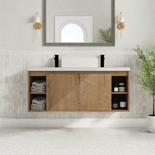 Image of Floating Bathroom Vanity, 48 inch Bathroom Storage Cabinet with Double Resin Sinks, 2 Soft-Close Doors & 4 Open Storage Shelves, Modern Wall-Mounted Vanity with 45 Bevel Handles, Oak
